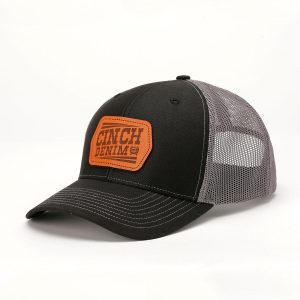 Men's Trucker Cap with Leather Cinch Denim Logo - Black and Gray